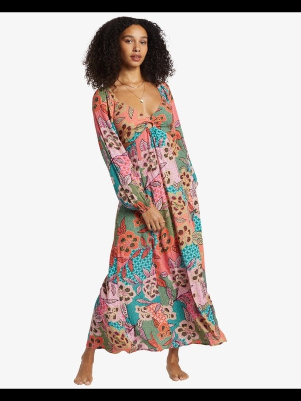 Billabong Multicolor Floral Maxi Dress in Coral, Teal & Pink